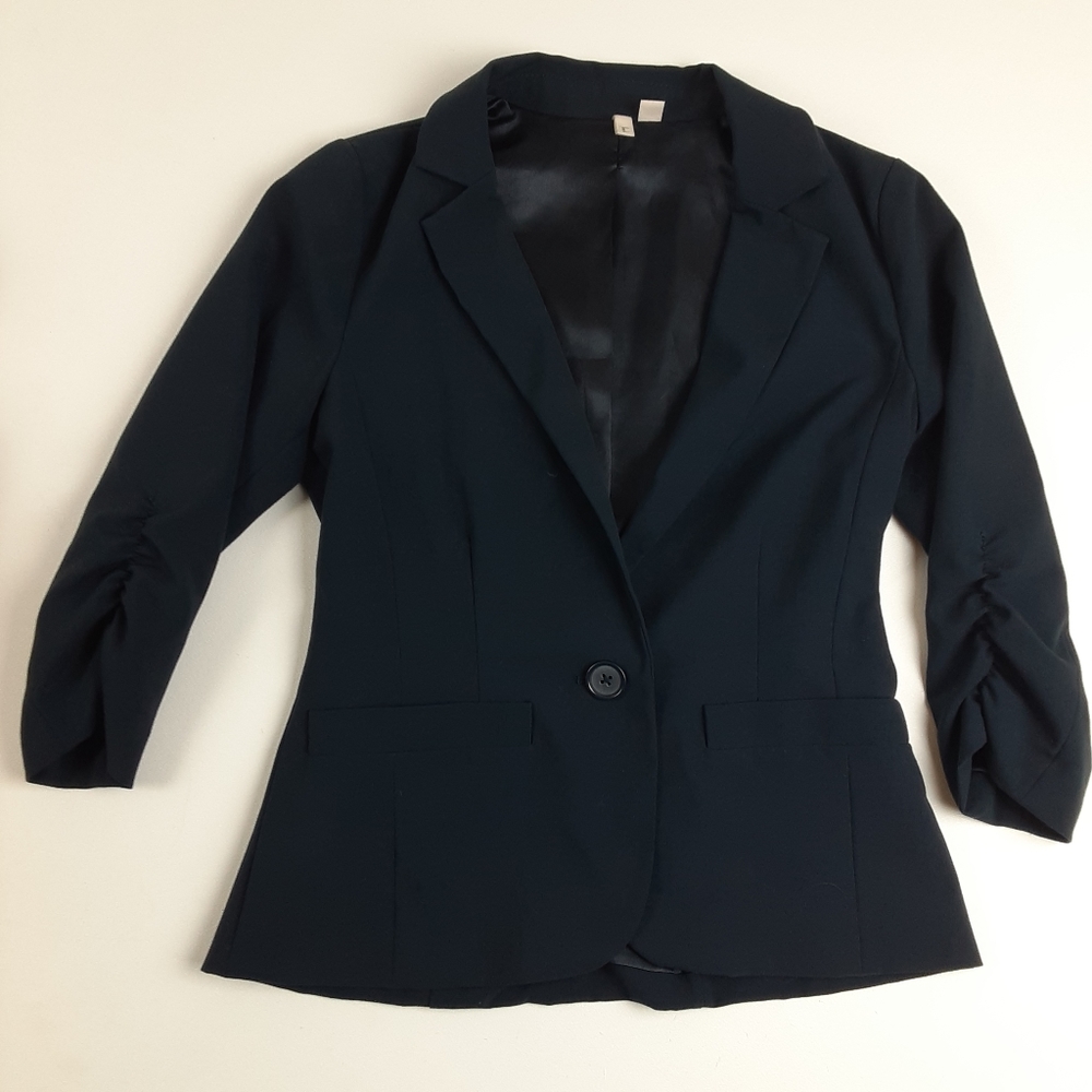 Frenchi 3/4 Ruched Sleeve Tailored Black Blazer